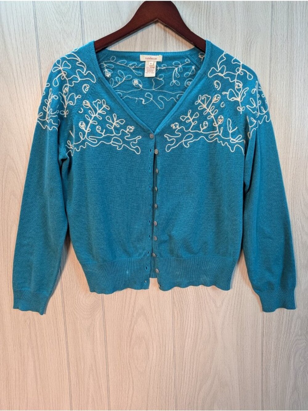 Sundance Sweater Womens Sz Medium Blue Cardigan Embroidered Button Cotton Floral
